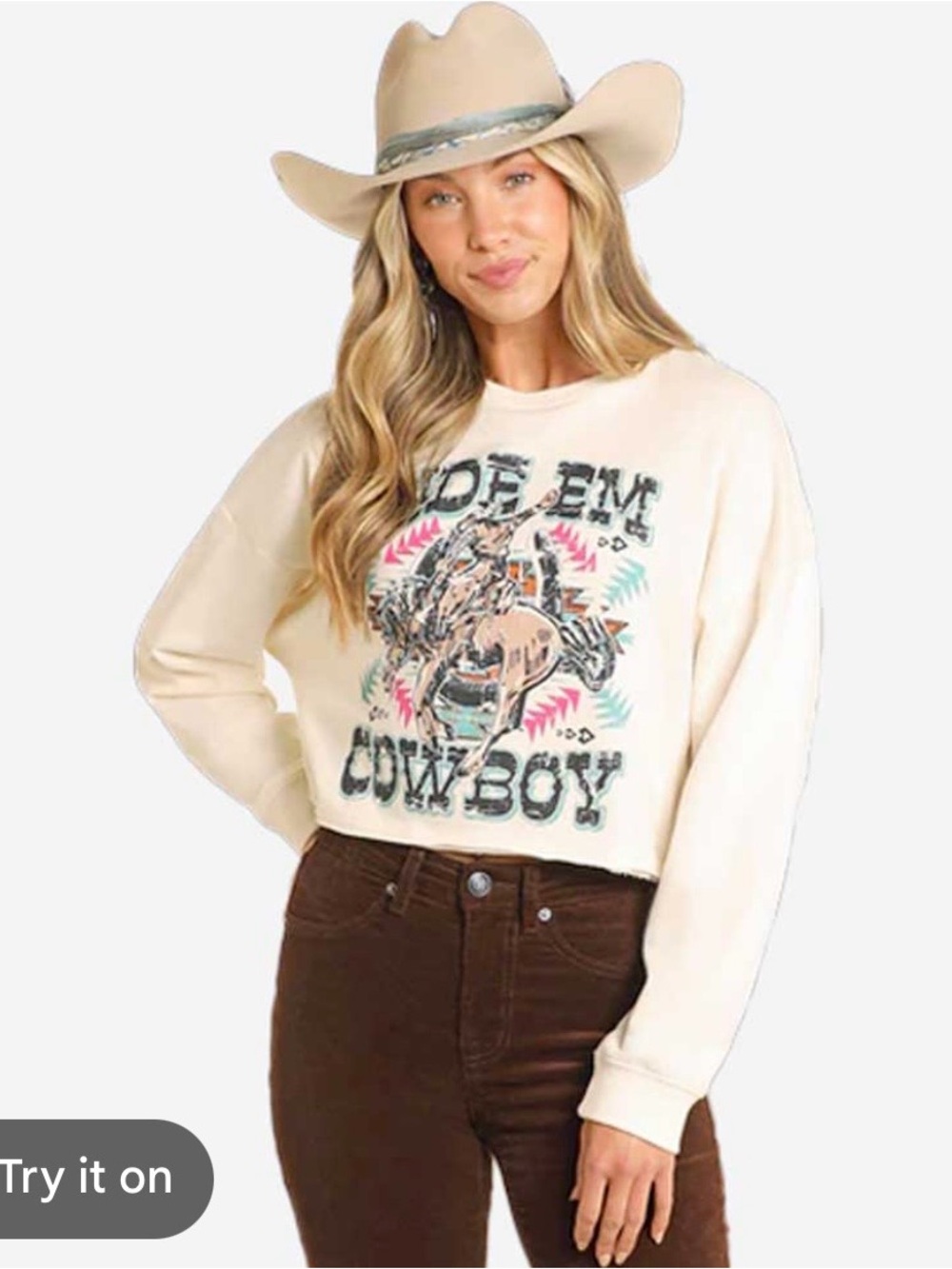 Rock & Roll Denim Women’s Ivory “Ride ‘Em Cowboy” Crewneck Sweatshirt Sz M